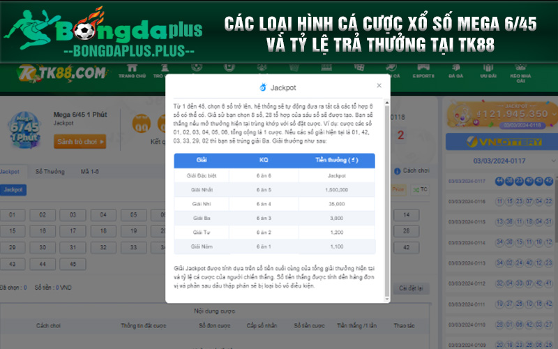 Khám Phá Thông Tin Về Sảnh Cược Xổ Số Mega 6/45 Tại TK88 Quy định kiểu cược Jackpot tại Mega 6/45 TK88